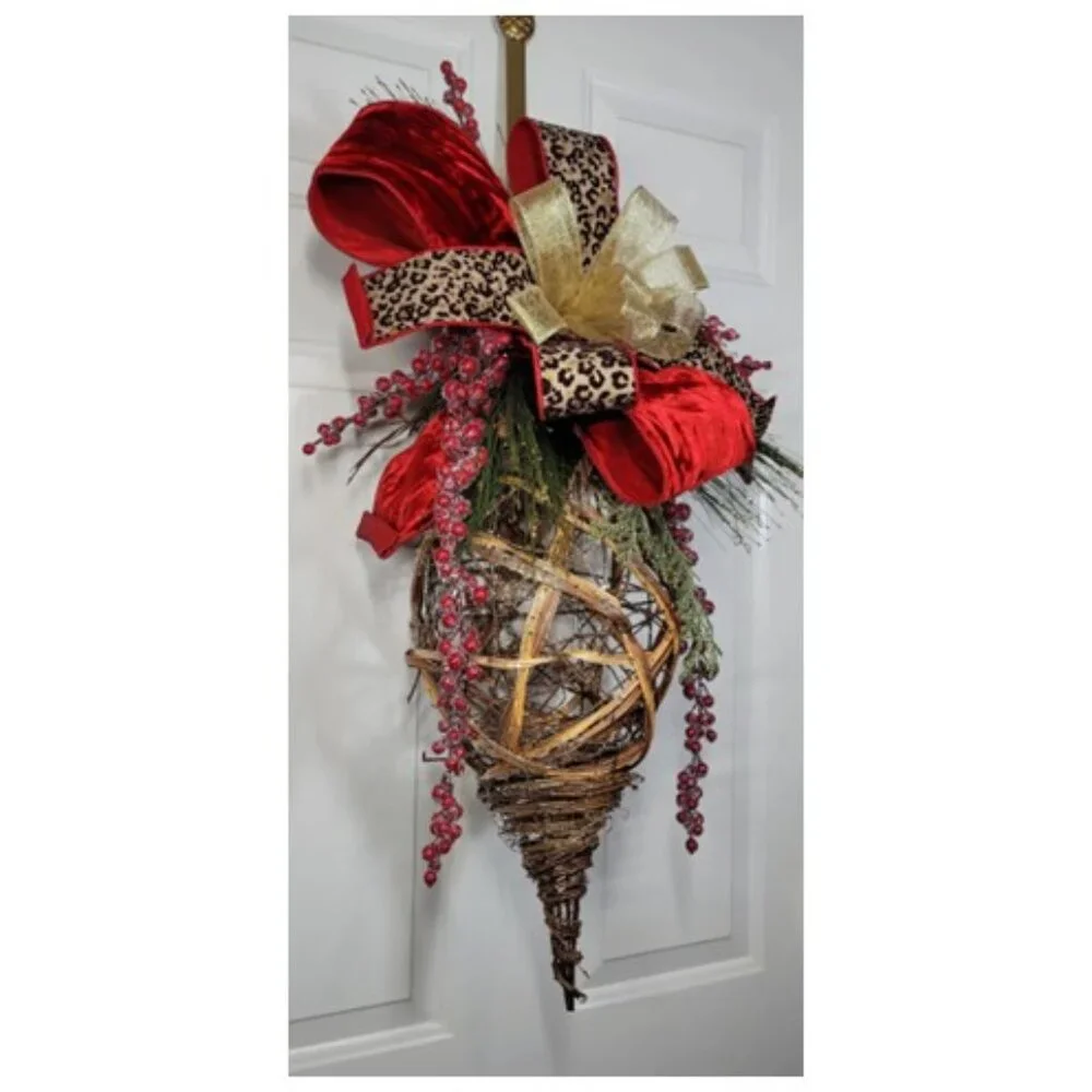 Jumbo Christmas Ornament Hanging Rattan Ornament Drop w Glam Bow, Winter Wreath